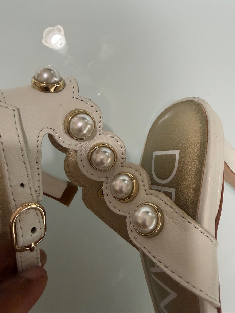 DeltanPearl-Trim Ankle Strap Heels in Cream - Picture 4 of 8